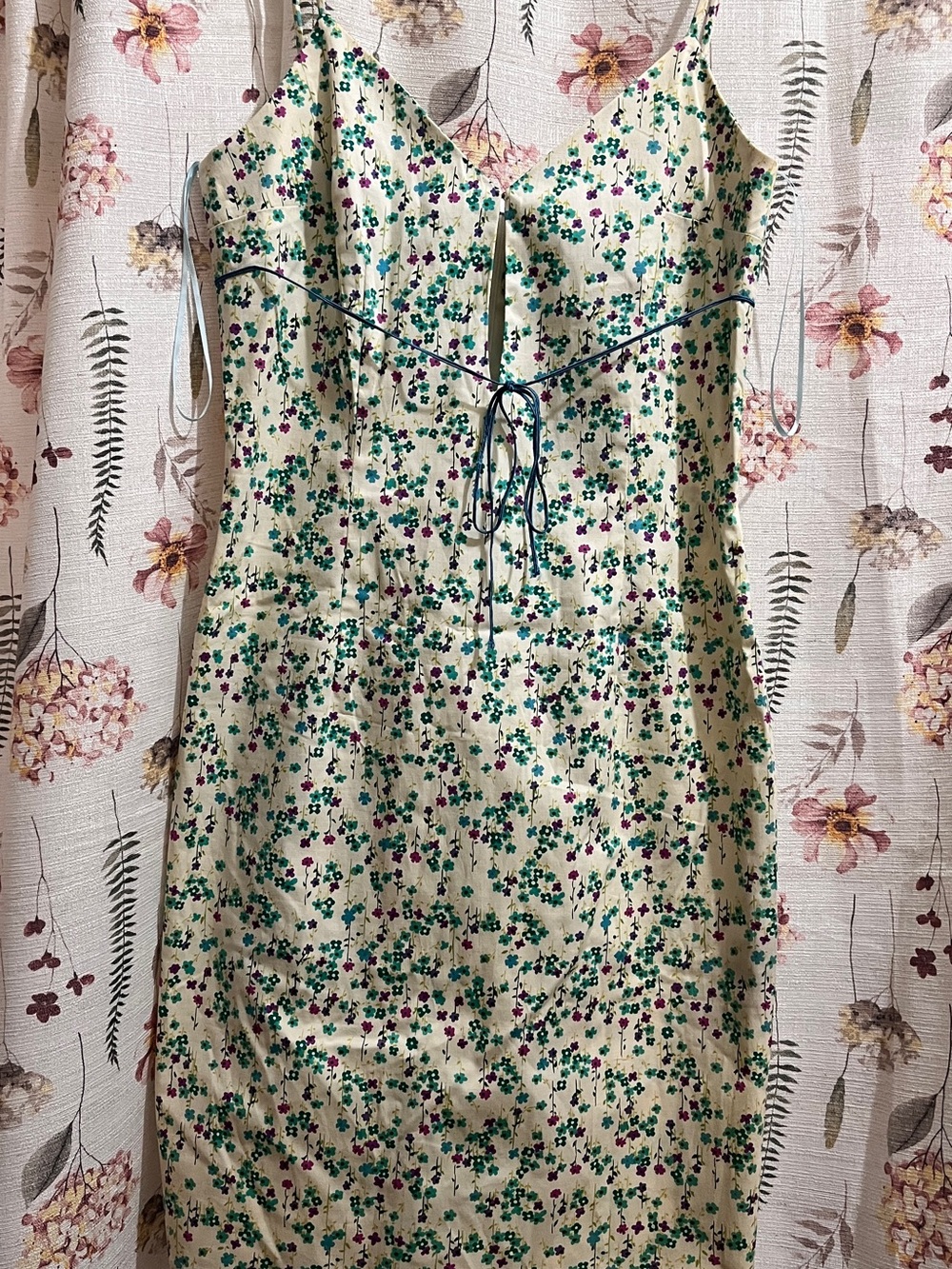 Cream Mini Dress with Green and Purple Floral Print and Blue Tie
